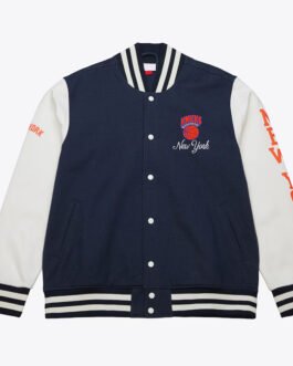 NY Knicks Navy and White Fleece Varsity Jacket