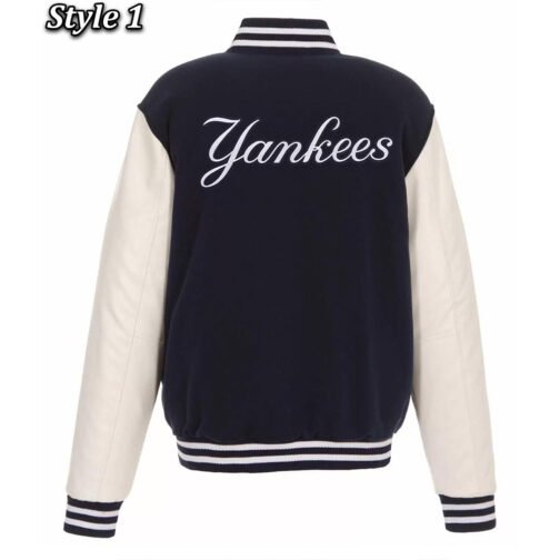 NY Yankees Navy Blue and White Letterman Jacket - Image 3