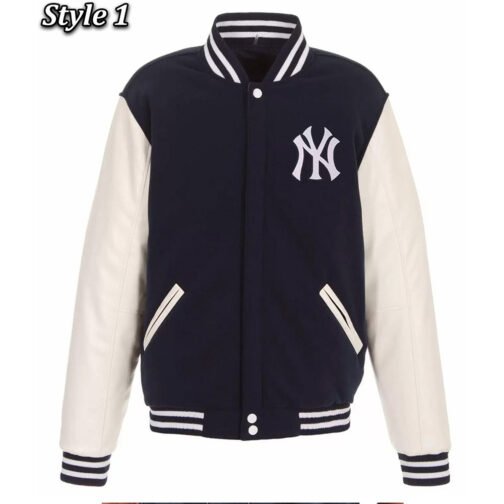 NY Yankees Navy Blue and White Letterman Jacket
