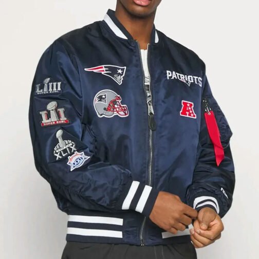 New England Patriots Blue Bomber Satin Jacket - Image 3