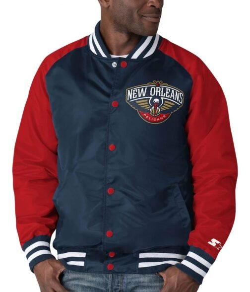 New Orleans Pelicans Starter Red and Blue Satin Jacket - Image 4