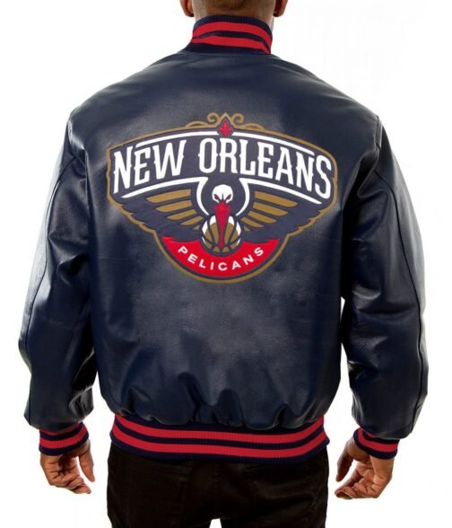 Varsity New Orleans Pelicans Navy Blue Leather Jacket - Image 2