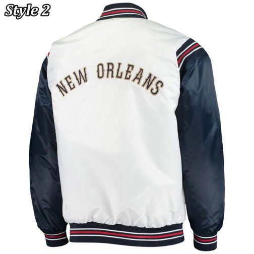 New Orleans Pelicans Renegade Varsity Satin White/Navy Jacket - Image 4