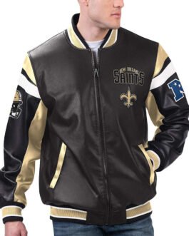 New Orleans Saints Black Varsity Full-Zip Leather Jacket