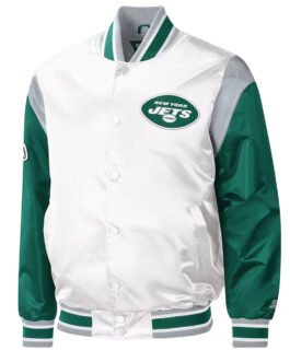 NY Jets Throwback Warm Up Pitch Varsity Satin Jacket