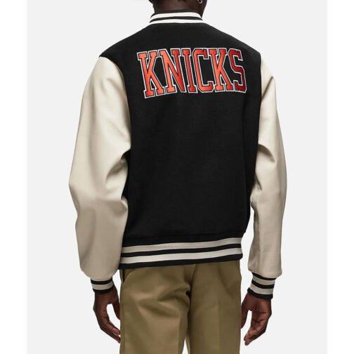 NY Knicks Black and Off White Varsity Jacket - Image 4