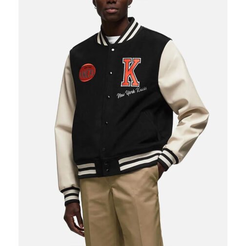 NY Knicks Black and Off White Varsity Jacket - Image 5