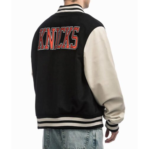 NY Knicks Black and Off White Varsity Jacket - Image 6