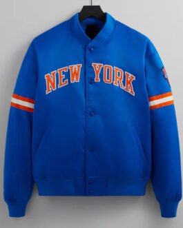 Striped NY Knicks Bomber Blue Satin Jacket
