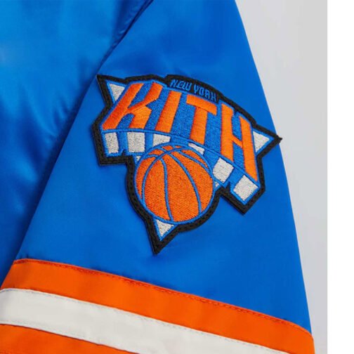 Striped NY Knicks Bomber Blue Satin Jacket - Image 4