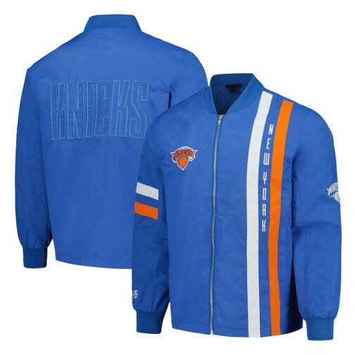NY Knicks Blue Stitch Applique Bomber Jacket - Image 3