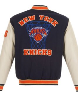 NY Knicks Chenille Navy and Off White Varsity Jacket
