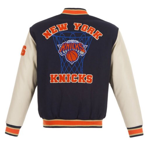 NY Knicks Chenille Navy and Off White Varsity Jacket - Image 2