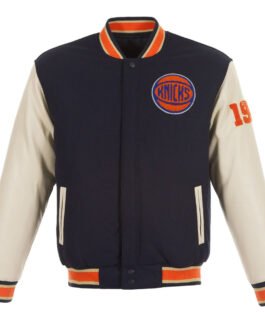 NY Knicks Chenille Navy and Off White Varsity Jacket