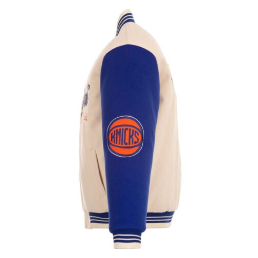 NY Knicks Cream and Royal Varsity Jacket - Image 4