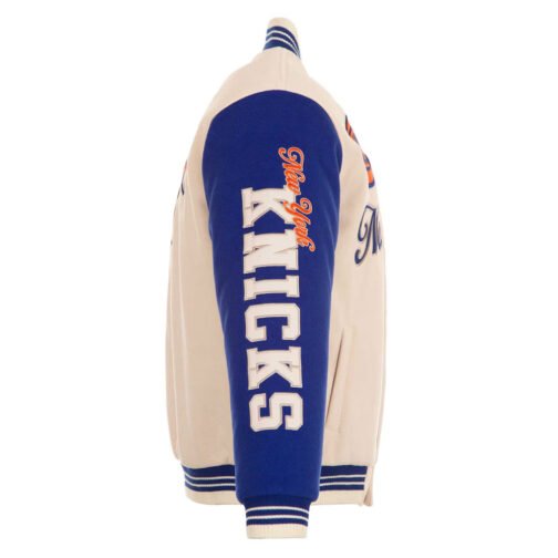 NY Knicks Cream and Royal Varsity Jacket - Image 5