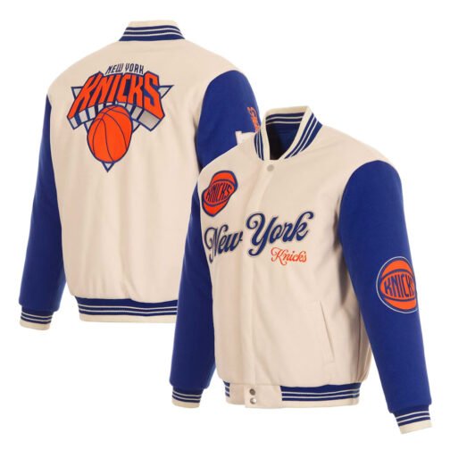 NY Knicks Cream and Royal Varsity Jacket - Image 3