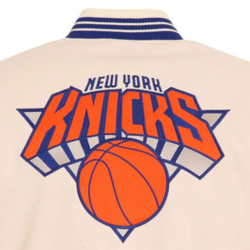 NY Knicks Cream and Royal Varsity Jacket - Image 6