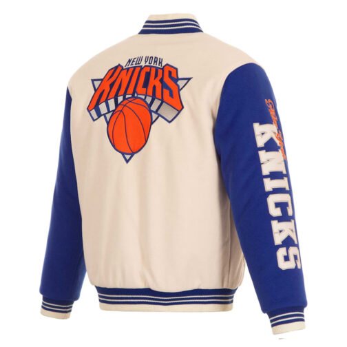 NY Knicks Cream and Royal Varsity Jacket - Image 2