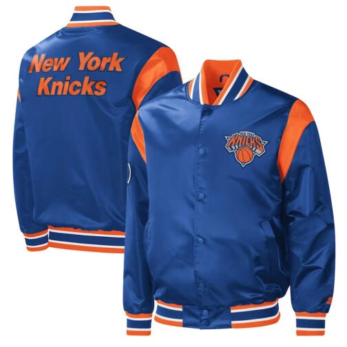 NY Knicks Force Play Varsity Blue Satin Jacket - Image 3