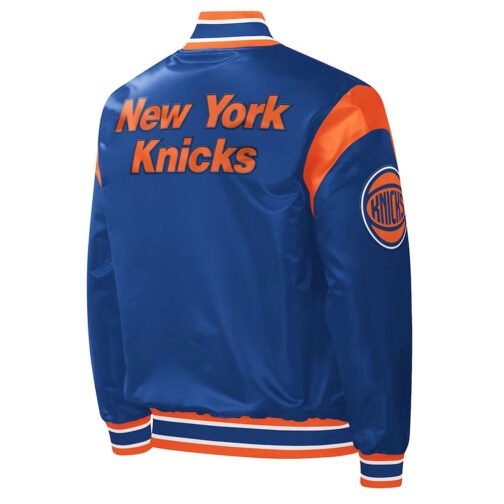 NY Knicks Force Play Varsity Blue Satin Jacket - Image 2