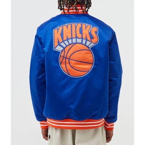 NY Knicks Heavyweight Blue Satin Jacket - Image 3