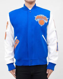 NY Knicks Logo Varsity Royal and White Jacket