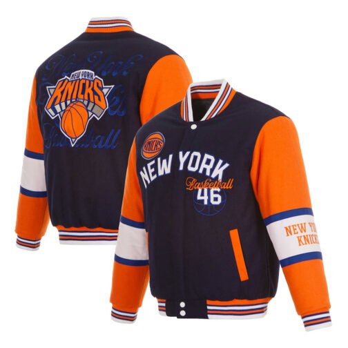 NY Knicks Navy and Orange Varsity Wool Jacket - Image 3