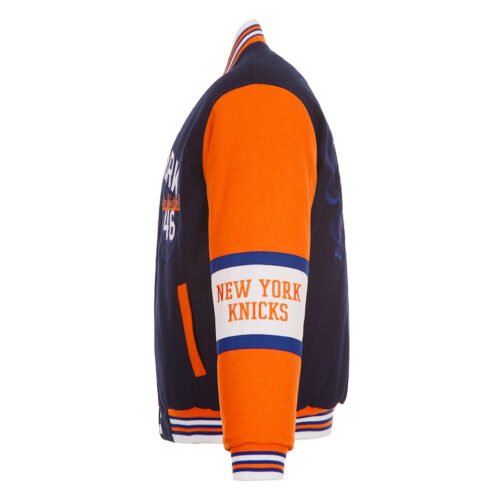 NY Knicks Navy and Orange Varsity Wool Jacket - Image 4