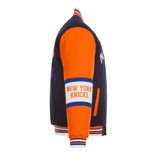 NY Knicks Navy and Orange Varsity Wool Jacket - Image 5