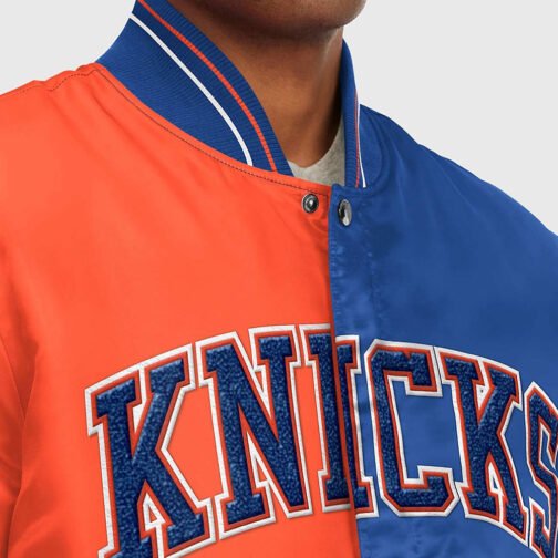 NY Knicks Varsity Satin Orange and Blue Jacket - Image 3