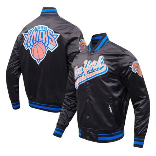 New York Knicks Script Tail Black Satin Jacket - Image 4