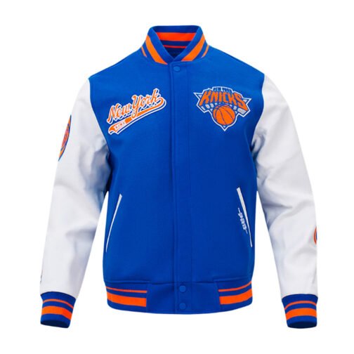 NY Knicks Script Tail Classic Rib Varsity Jacket - Image 2