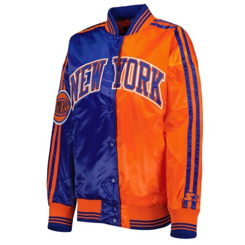 NY Knicks Split Colorblock Blue and Orange Satin Jacket