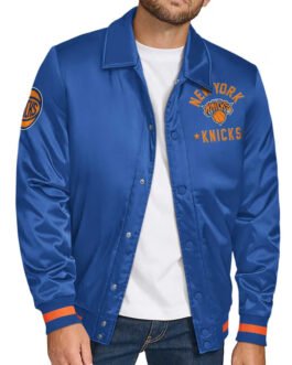 NY Knicks Stitch Applique Blue Satin Jacket