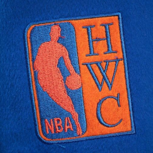 NY Knicks Team History Royal Vintage Logo Varsity Jacket - Image 3