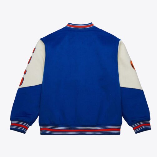 NY Knicks Team History Royal Vintage Logo Varsity Jacket - Image 2