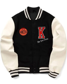 NY Knicks Black and Off White Varsity Jacket