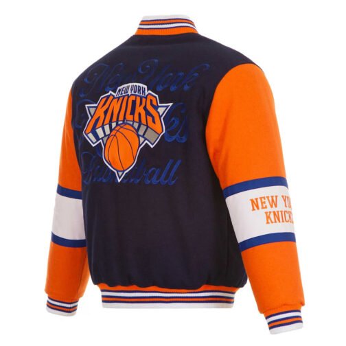 NY Knicks Navy and Orange Varsity Wool Jacket - Image 2