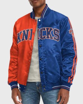 NY Knicks Varsity Satin Orange and Blue Jacket