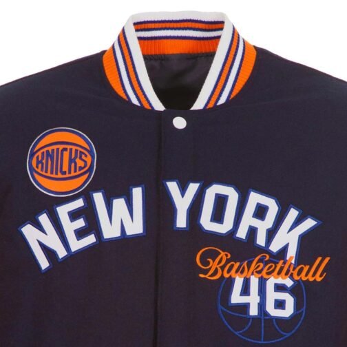 NY Knicks Navy and Orange Varsity Wool Jacket - Image 6