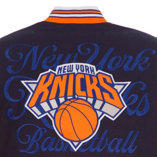 NY Knicks Navy and Orange Varsity Wool Jacket - Image 7