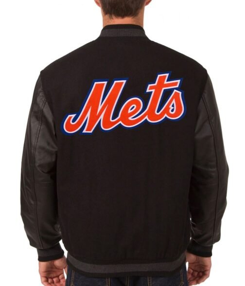 NY Mets Black Wool & Leather Jacket - Image 2