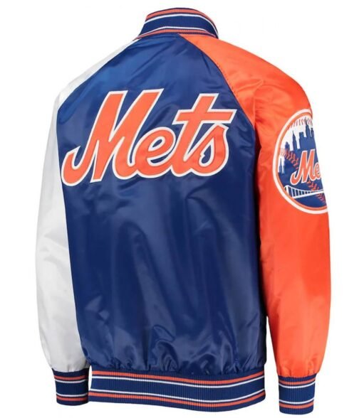 New York Mets Varsity Royal Blue Orange and White Satin Jacket - Image 2