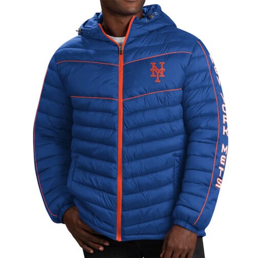 NY Mets Splitter Soft Down Touch Puffer Royal Blue Hooded Jacket - Image 4