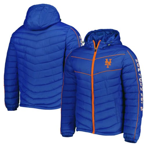 NY Mets Splitter Soft Down Touch Puffer Royal Blue Hooded Jacket - Image 3