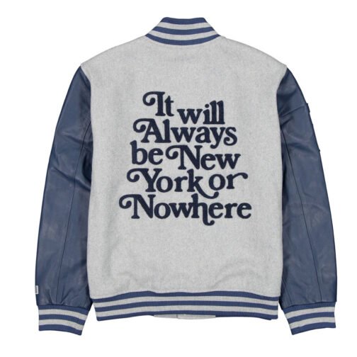 New York Or Nowhere Gray and Navy Varsity Jacket - Image 2