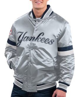 NY Yankees Home Game Gray Varsity Satin Jacket