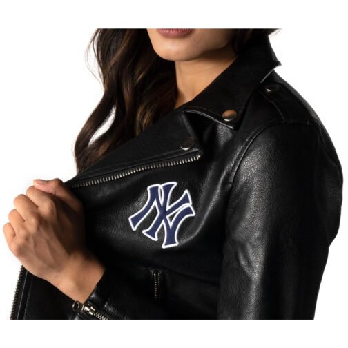 Biker NY Yankees Black Leather Jacket - Image 6