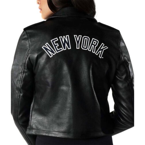 Biker NY Yankees Black Leather Jacket - Image 5